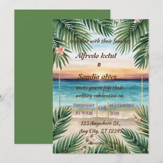 Invitación boda acuarela tropical palma árbol playa verano