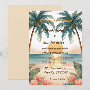 Invitación boda acuarela tropical palma árbol playa verano