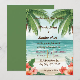 Invitación boda acuarela tropical palma árbol playa verano