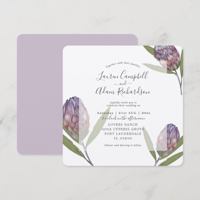 Invitación Boda acuarela tropical protea púrpura  (Anverso / Reverso)