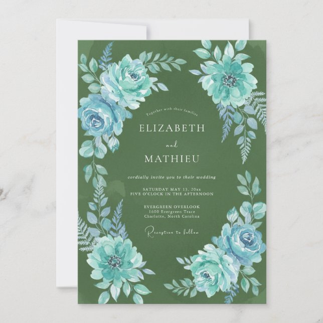 Invitación Boda acuarela turquesa oliva (Anverso)