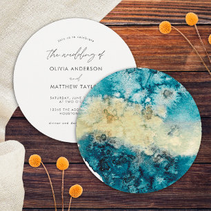 Invitación Boda Acuarela Única Azul Marino Simple Dorado