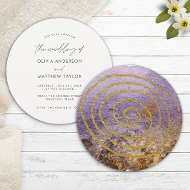 Invitación Boda Acuarela Única Simple Púrpura Dorada