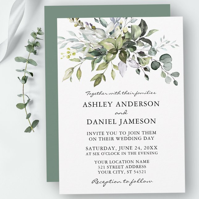Invitación Boda acuarela vegetación botánica Sage Green (Customize to change text color, style, add text & photos to back or change color of back of card.)