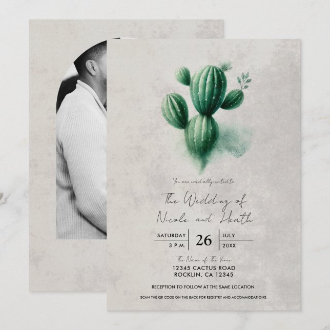 Invitación Boda Acuarela Verde Cactus Gris Suroeste (Anverso / Reverso)
