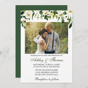 Invitación Boda acuarela Verde Floral blanca