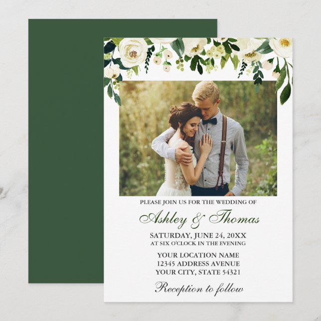 Invitación Boda acuarela Verde Floral blanca (Anverso / Reverso)