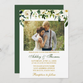 Invitación Boda acuarela Verde Floral blanca dorada
