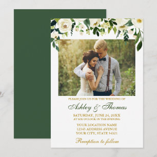 Invitación Boda acuarela Verde Floral blanca dorada