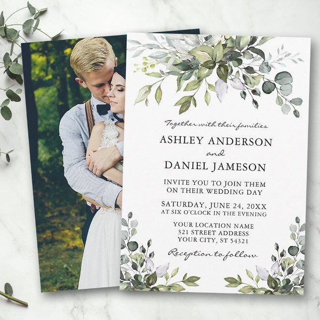 Invitación Boda acuarela verde foto de vuelta (Customize to change text color or text style.)