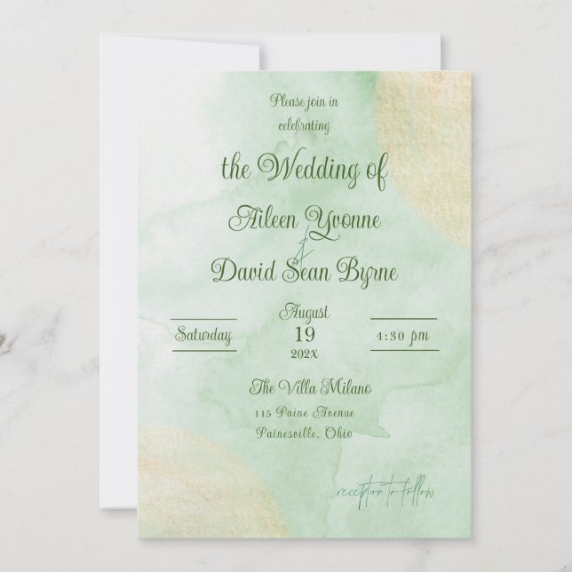 Invitación Boda acuarela verde irlandés (Anverso)
