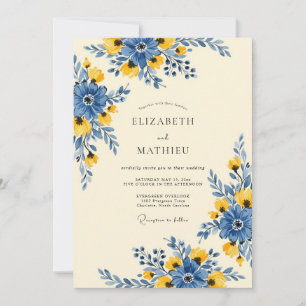 Invitación Boda acuarela vibrante azul y amarillo