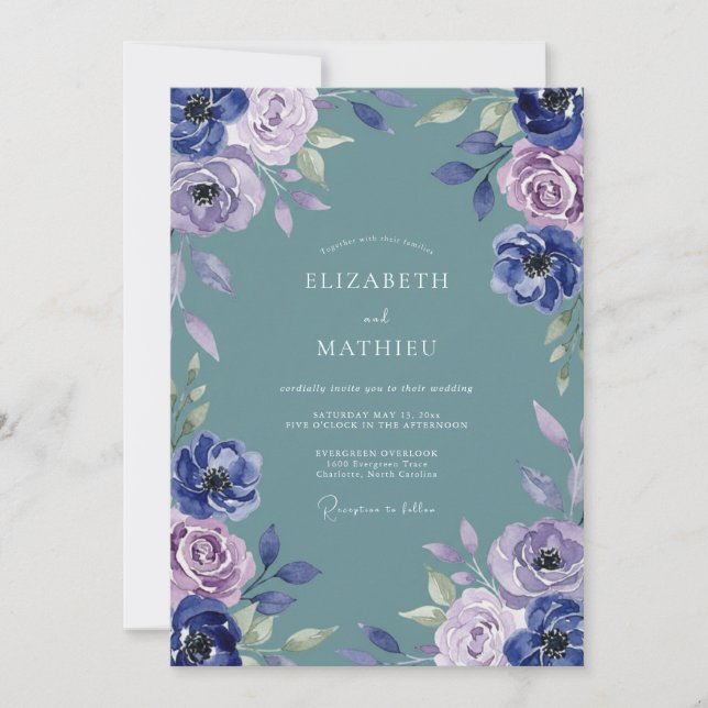 Invitación Boda acuarela violeta pizarra (Anverso)