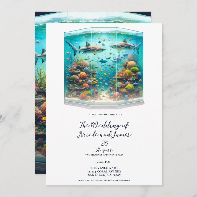 Invitación Boda acuario acuático de tiburones y peces (Anverso / Reverso)