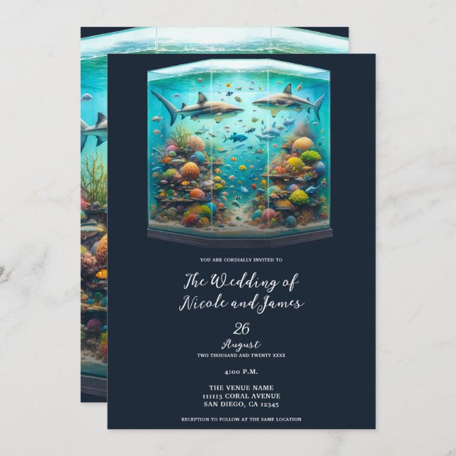 Invitación Boda acuario acuático de tiburones y peces (Anverso / Reverso)