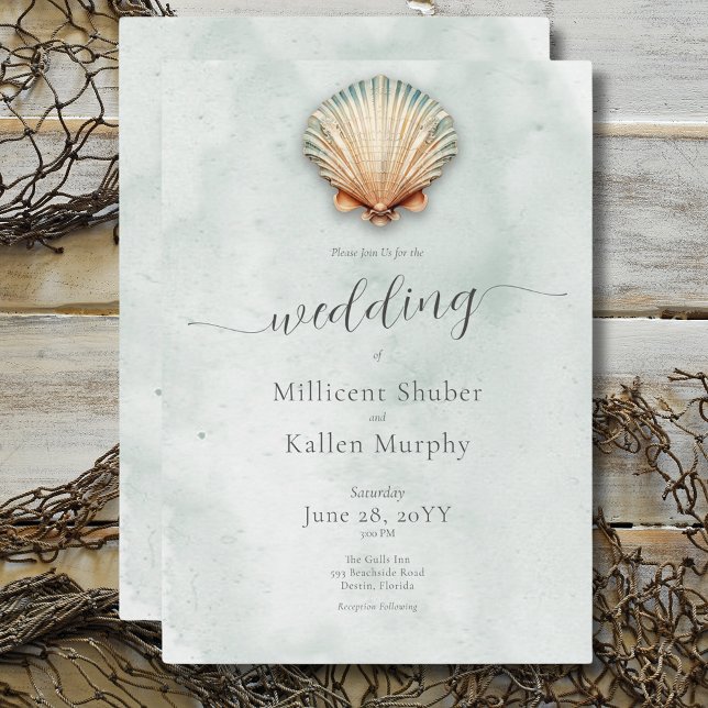 Invitación Boda Acuática de Conchas Marinas Costeras Modernas (Modern Coastal Seashell Aqua Wedding Invitation)