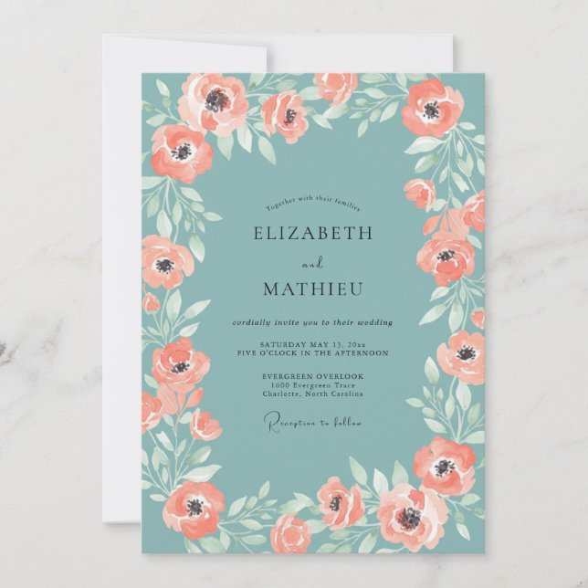 Invitación Boda Acuática Flor de Coral Cálido (Anverso)