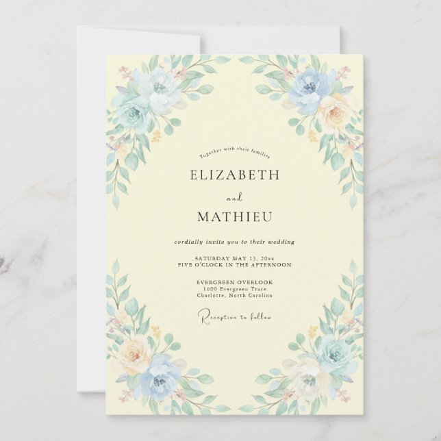 Invitación Boda Acuática Frondosa con Toques de Mantequilla (Anverso)