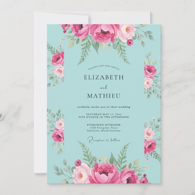 Invitación Boda Acuática Magenta Frondosa (Anverso)