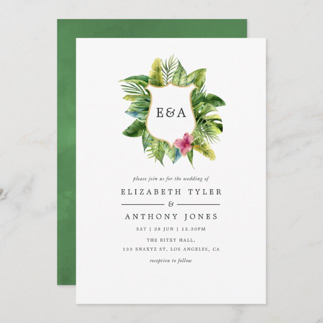 Invitación Boda acuática Monograma Tropical en Playa de Veran (Anverso / Reverso)