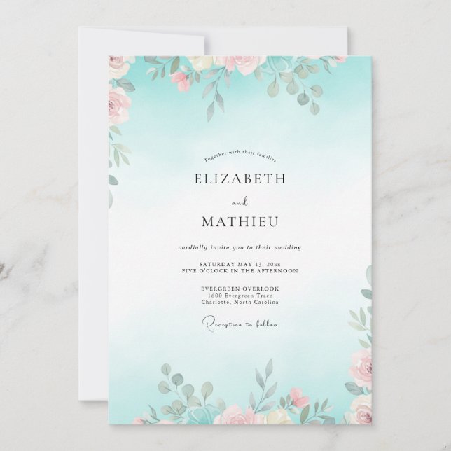 Invitación Boda Acuática Rosa Pálido Frondosa (Anverso)