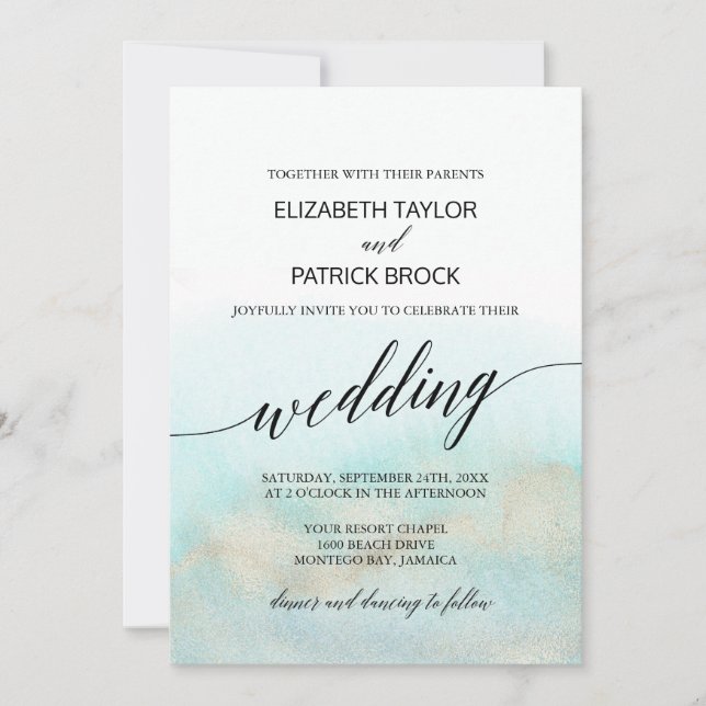 Invitación Boda acuática y acuarela dorada (Anverso)