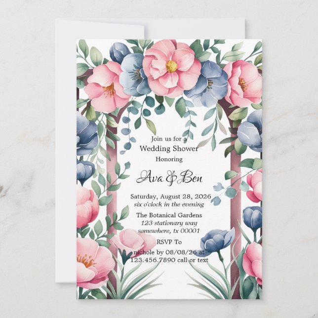 Invitación Boda acuático Arco Flor rosa y azul (Anverso)