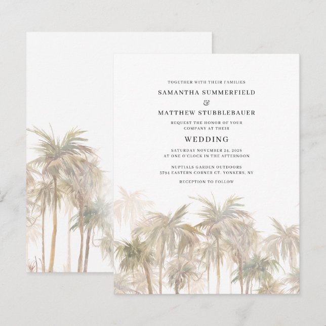 Invitación Boda acuático costero de palmeras modernas (Anverso / Reverso)
