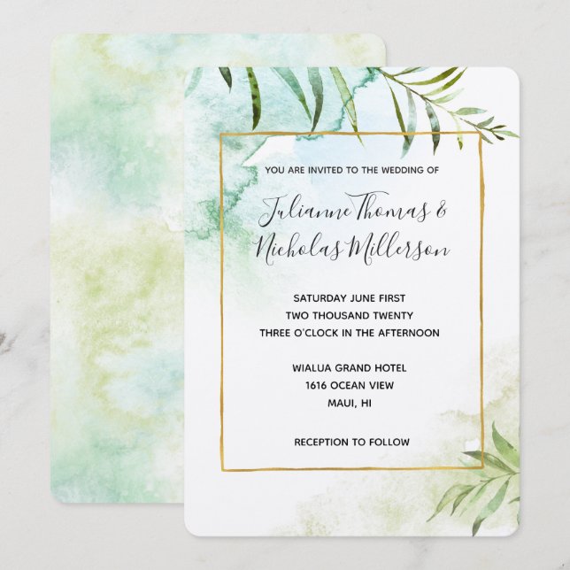 Invitación Boda acuático de hojas tropicales Aqua (Anverso / Reverso)