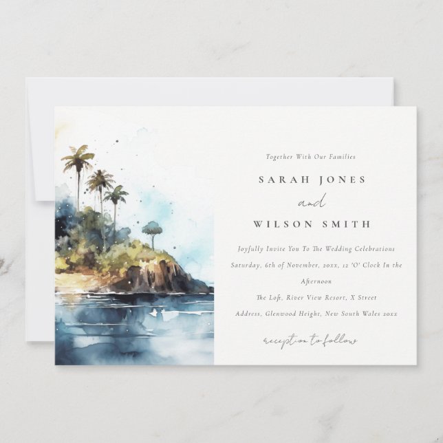 Invitación Boda acuático de la isla de la palmera del paisaje (Anverso)