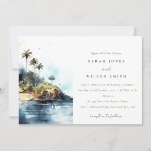 Invitación Boda acuático de la isla de la palmera del paisaje