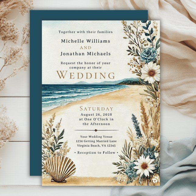 Invitación Boda acuático de la playa de Moda costera (Coastal Chic Beach Watercolor Wedding Invitation)