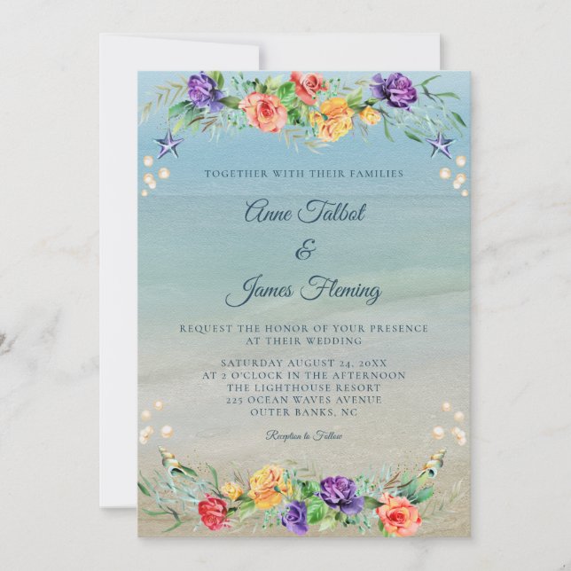 Invitación Boda acuático de la playa Ocean Floral (Anverso)