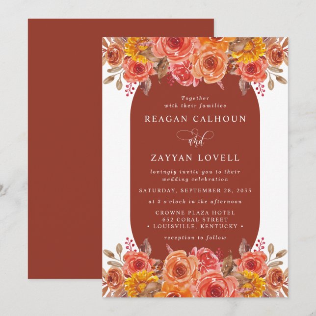 Invitación Boda acuático de Terracota Floral Fall (Anverso / Reverso)