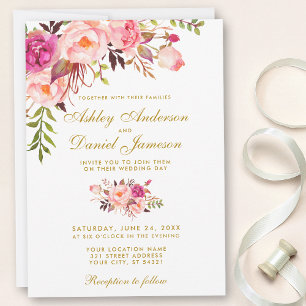 Invitación Boda acuático floral rosa dorado