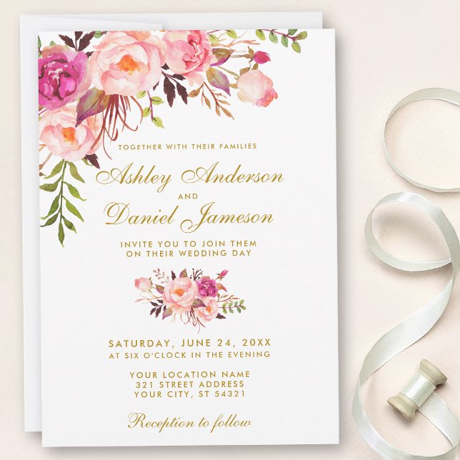 Invitación Boda acuático floral rosa dorado (Customize to change text size, color, text style or to add more text to back.)