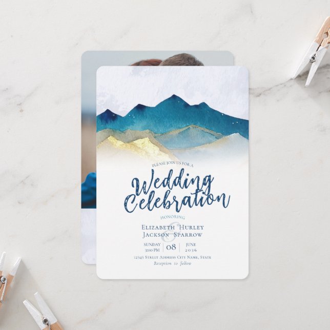 Invitación Boda acuático moderno Blue Gold Mountain (Anverso/Reverso In Situ)