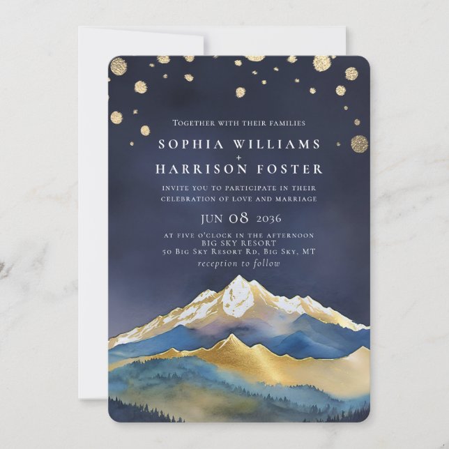 Invitación Boda acuático moderno Blue Gold Mountain (Anverso)