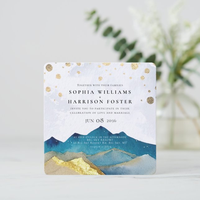 Invitación Boda acuático moderno Blue Gold Mountain (Anverso de pie)
