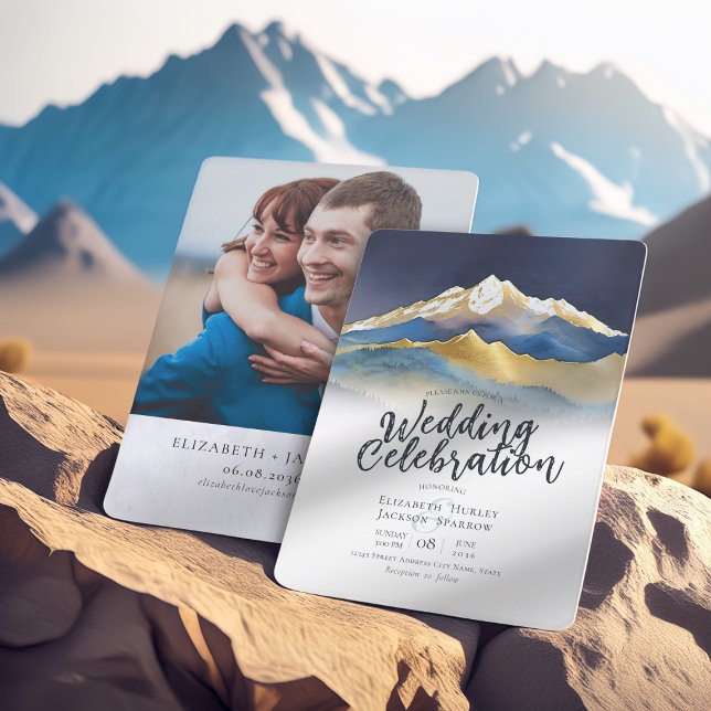 Invitación Boda acuático moderno Blue Gold Mountain (Subido por el creador)