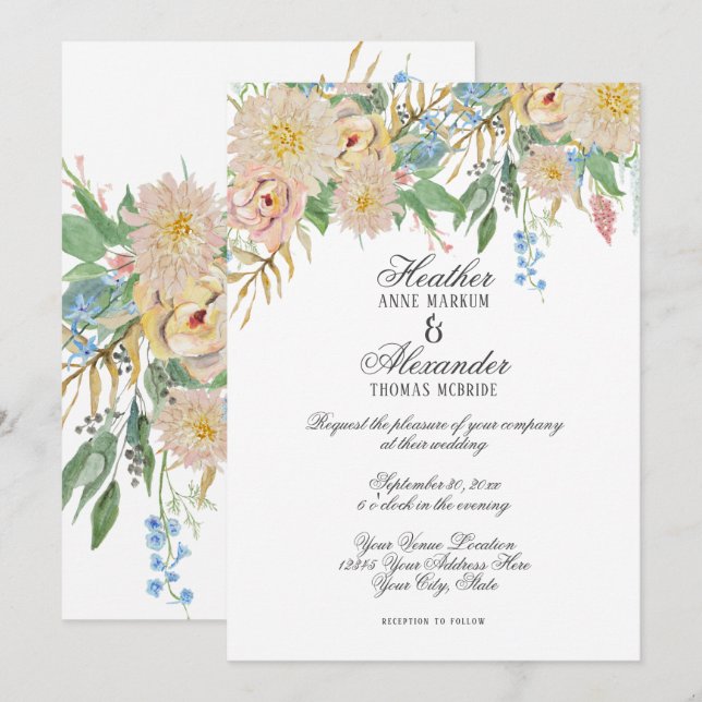 Invitación Boda acuático moderno simple Rubor floral (Anverso / Reverso)