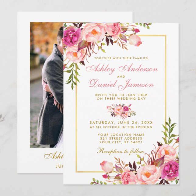 Invitación Boda acuático rosa Rubor Floral Photo Gold (Anverso / Reverso)