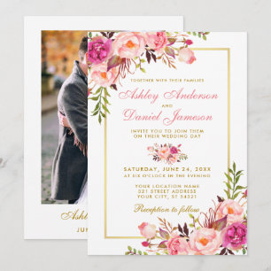 Invitación Boda acuático rosa Rubor Floral Photo Gold