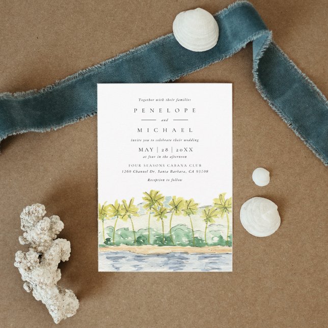 Invitación Boda acuático tropical de palmeras de playa (Beach Palm Trees Tropical Watercolor Wedding Invitation)