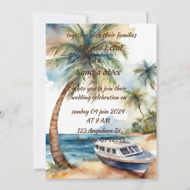 Invitación boda acuático tropical de palmeras de playa de ver (Anverso)