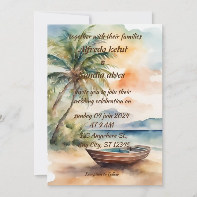 Invitación boda acuático tropical de palmeras de playa de ver (Anverso)