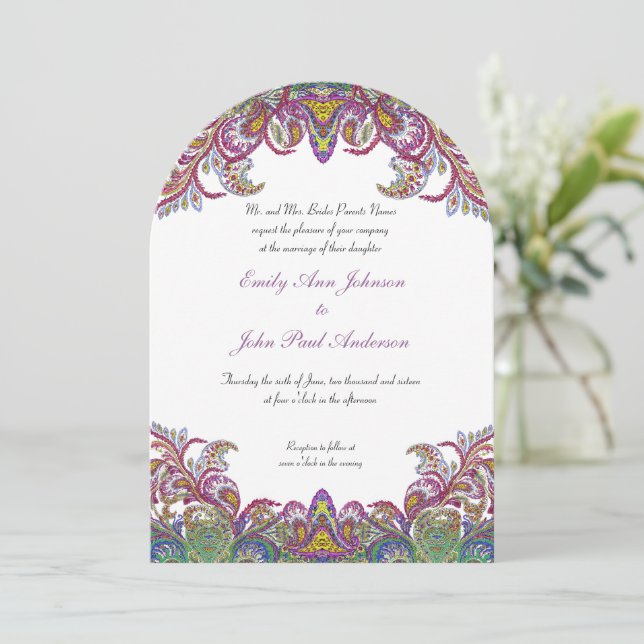 Invitación Boda adamascada Paisley de pavo real colorida (Anverso de pie)