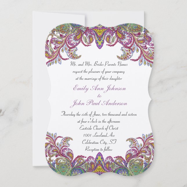 Invitación Boda adamascada Paisley de pavo real colorida (Anverso)