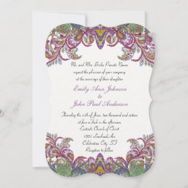 Invitación Boda adamascada Paisley de pavo real colorida