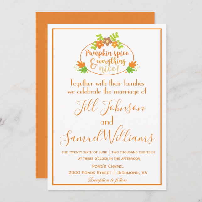 Invitación Boda adorable con las especias de calabaza (Anverso / Reverso)